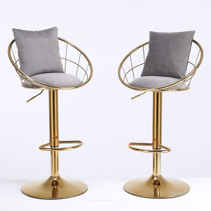 Velvet Bar Chair, Pure Gold Plated, Unique Design, 360 Degree Rotation, Adjustable Height, Suitable For Dining Room And Bar, (Set of 2) - Gray