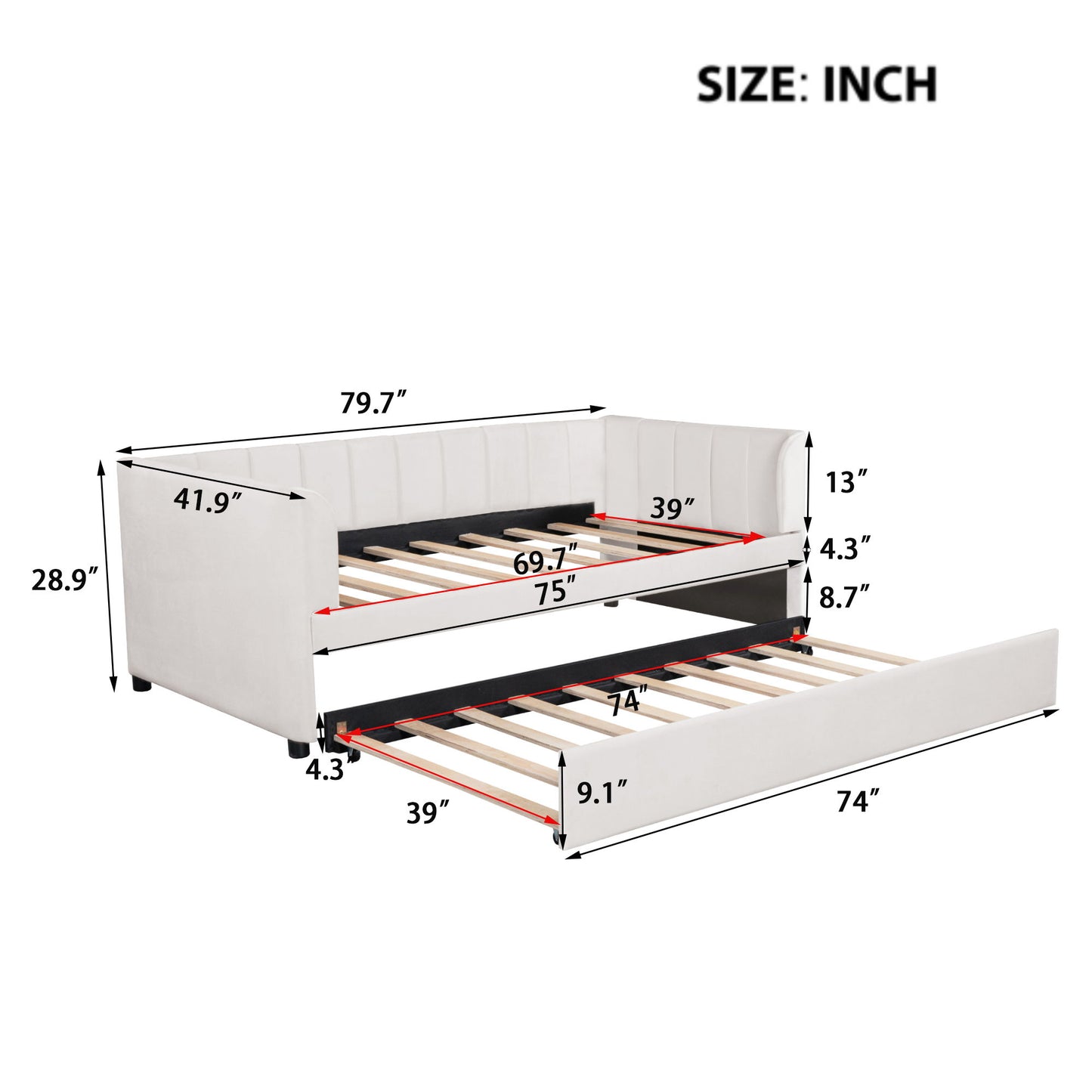Twin Size Upholstered Daybed With Ergonomic Design Backrest And Trundle - Beige