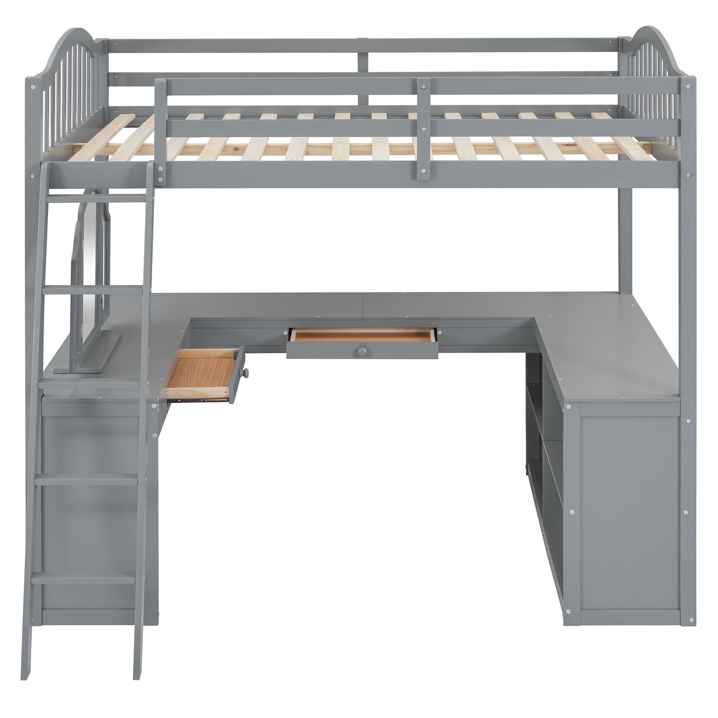 Full Loft Bed With U Shaped Desk, Storage Compartments And Tri Fold Mirror - Gray