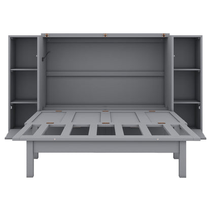 Full Size Murphy Bed With Shelves, Drawers And USB Ports - Gray