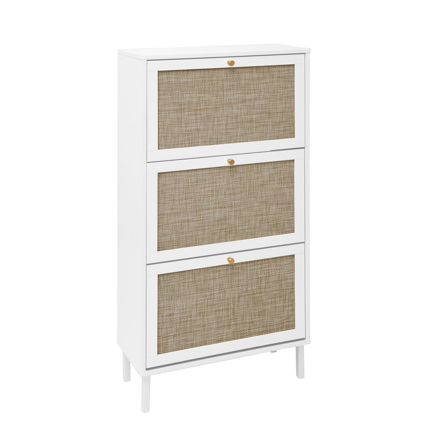 Modern Rattan 3 Door Shoe Rack Cabinet For Entryway Freestanding White Storage Unit In Particle Board - White