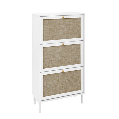 Modern Rattan 3 Door Shoe Rack Cabinet For Entryway Freestanding White Storage Unit In Particle Board - White