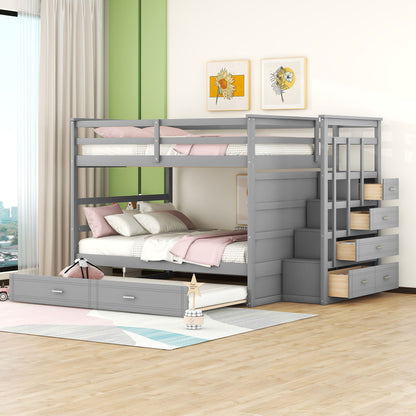 Full Over Full Bunk Bed With Twin Size Trundle And Staircase - Gray