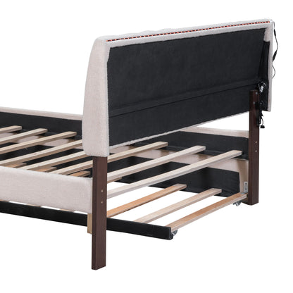 Full Size Upholstered Platform Bed With Twin Size Trundle - Beige