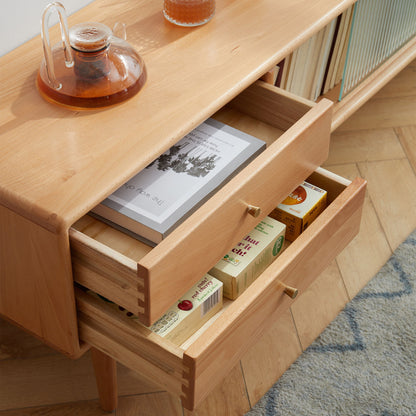 TV Cabinet With Chinese Changhong Glass Doors, Two Drawer Storage Space TV Standing - Natural