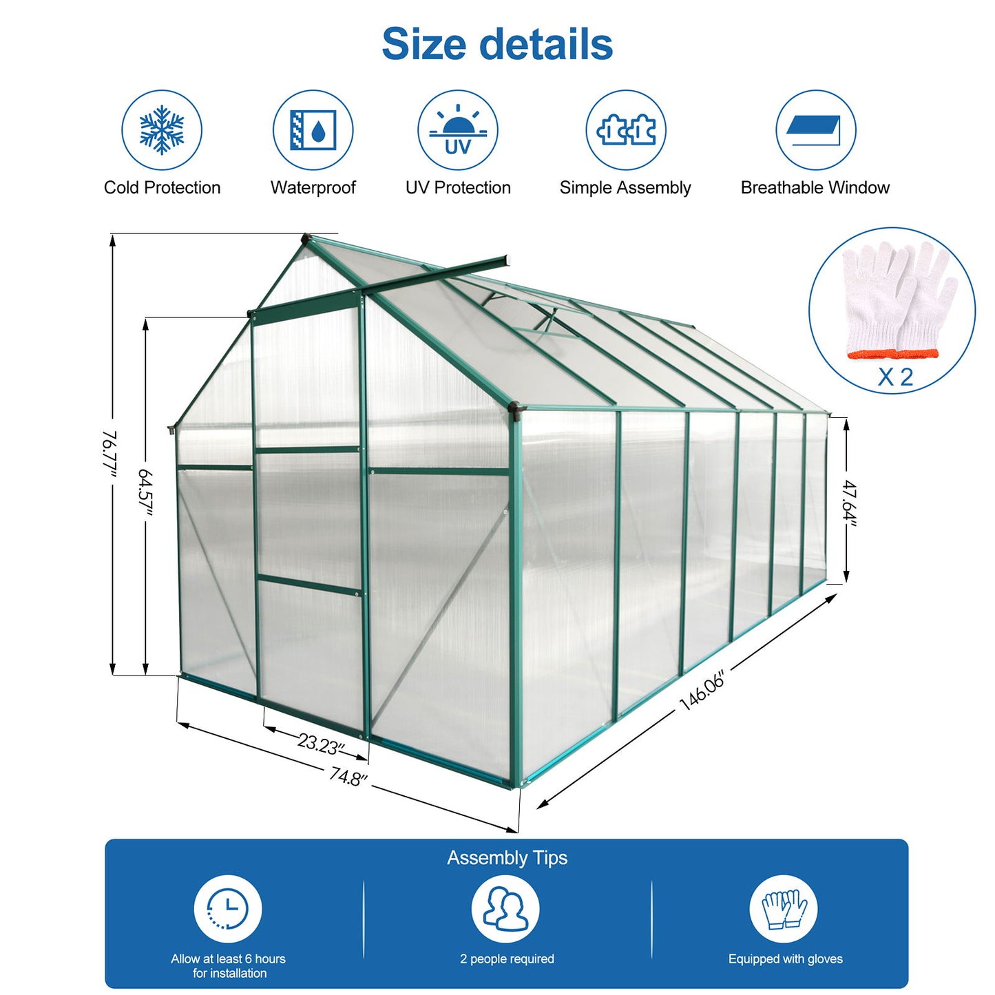 6X12 Ft Polycarbonate Greenhouse Raised Base And Anchor Aluminum Heavy Duty Walk-In Greenhouses For Outdoor Backyard In All Season - Green