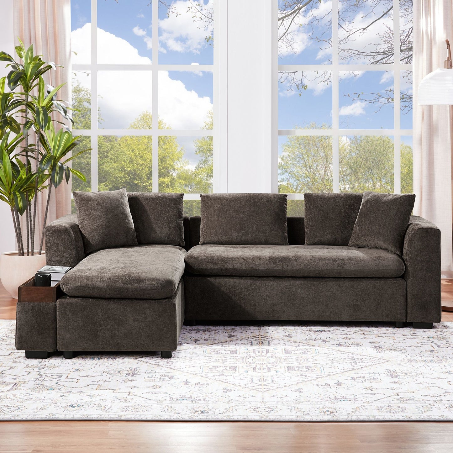 Elegant L Shaped Sectional Sofa With Chenille Upholstery And Wooden Storage Compartment - Brown