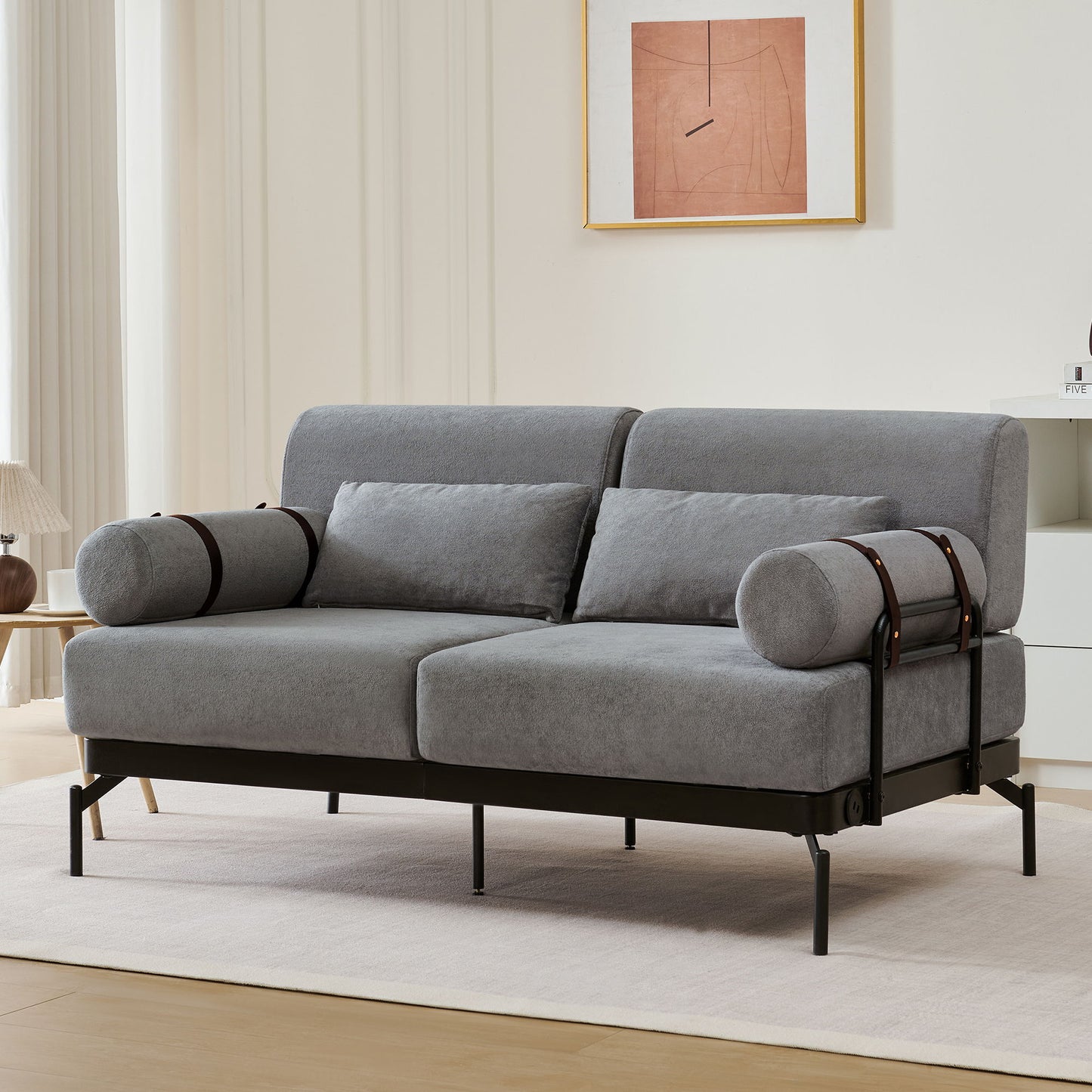 Modern Loveseat Sofa 59" Sofa Couch 2 Seater With USB Ports, Unique Cylindrical Armrests - Gray