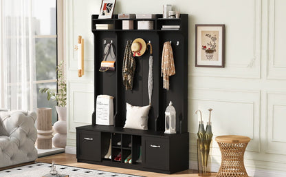 5 In 1 Entryway Bench With Coat Rack, 7 Sturdy Hooks, 2 Spacious Drawers And Adjustable Shelves, Wide Hall Tree With Metal Handles For Hallway - Black