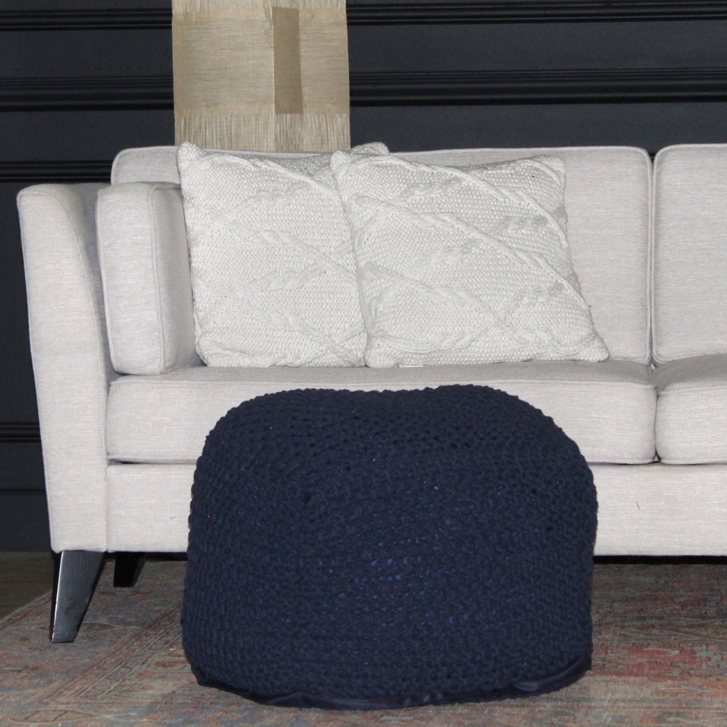 Handmade Semi Rounded Cable Knitted Pouf 100% Cotton Seating And Footrest For Living Room Or Bedroom - Dark Blue