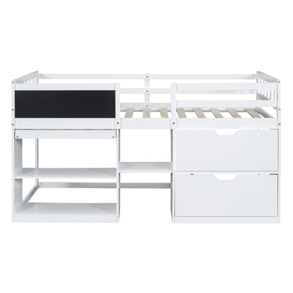 Twin Size Low Loft Bed With Rolling Desk, Shelf And Drawers - White