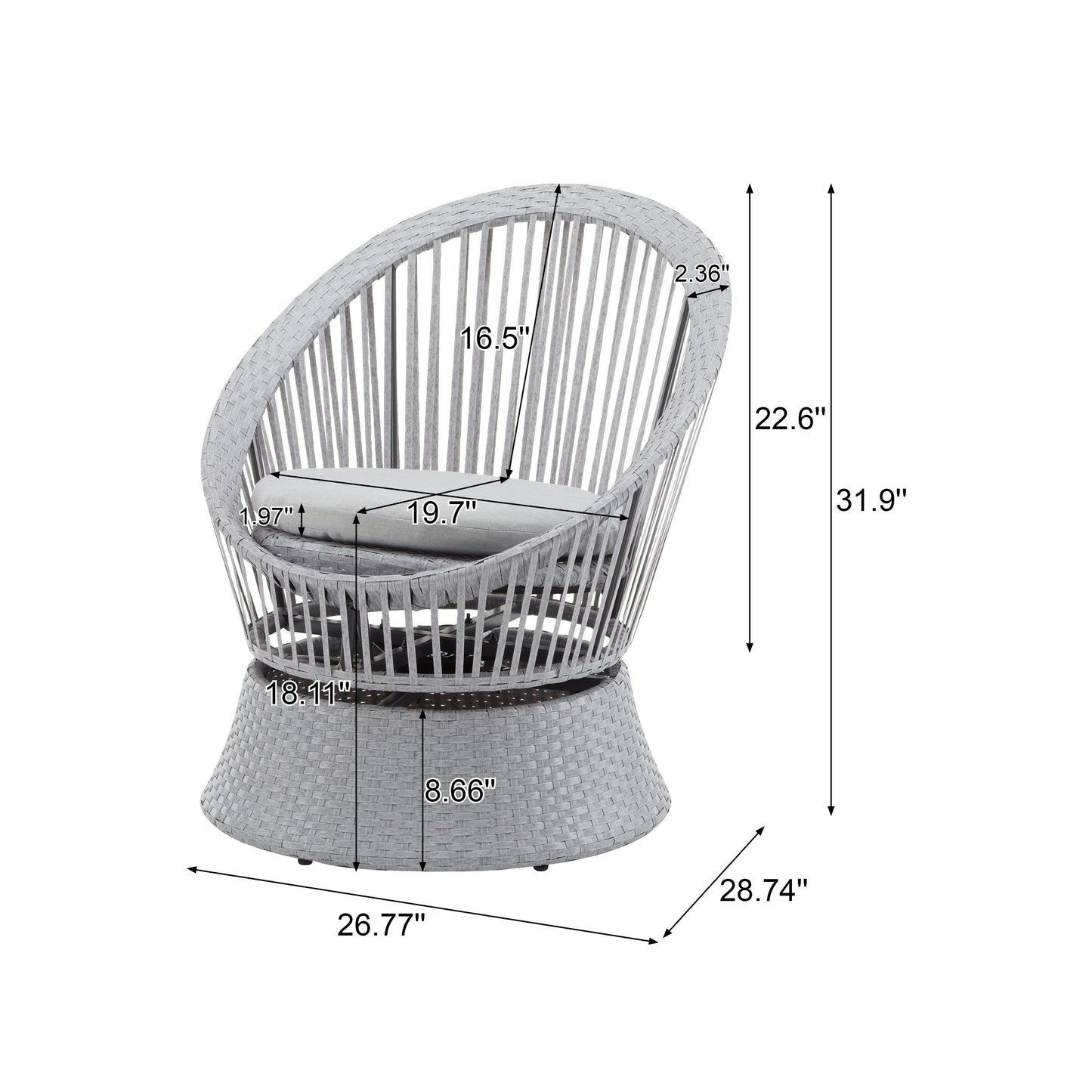 Modern Silver Swivel Wicker Lounge Chair With Xianrattan And Iron Frame, Stylish Round Design - Silver Gray