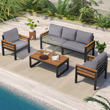 4 Piece Outdoor Furniture Sofa Set For 5 People With Acacia Wood Armrests, Patio Conversation Set With Removable Cushion And Solid Wood Coffee Table For Garden And Backyard - Gray