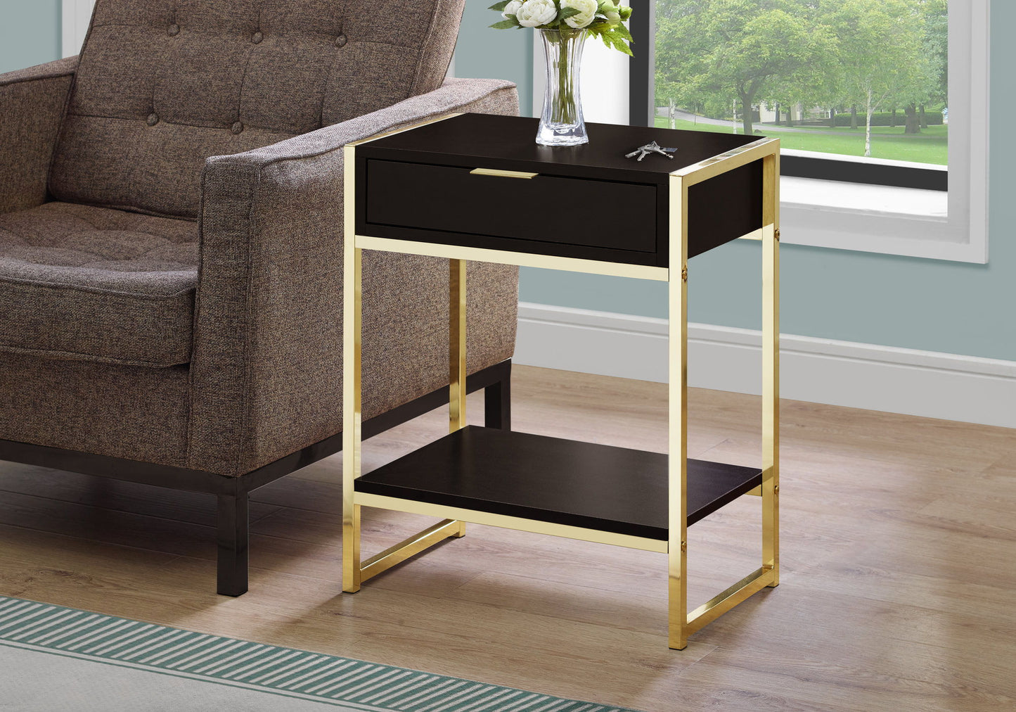 Accent Side Table, Storage Drawer, Contemporary & Modern - Brown / Gold