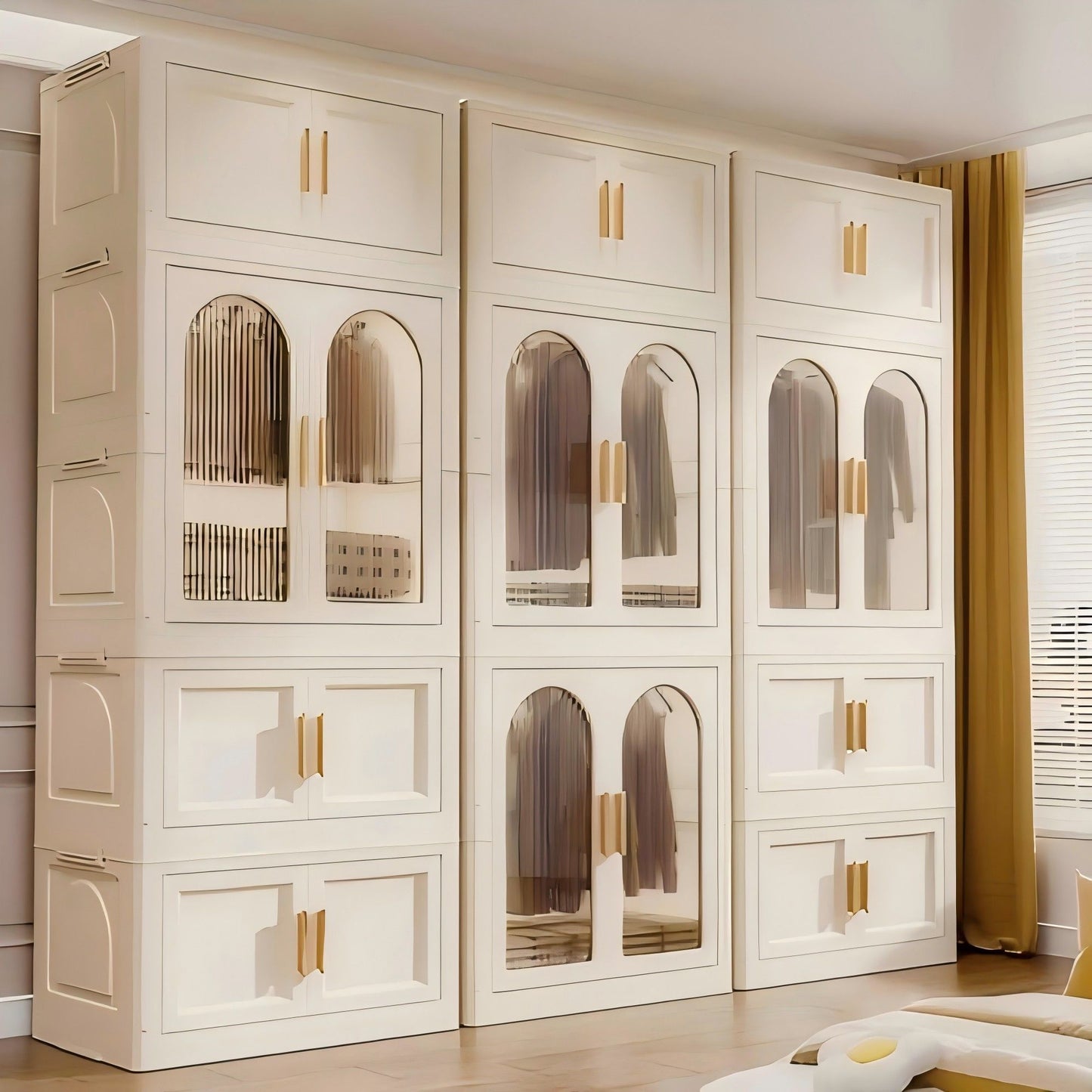 Folding Wardrobe Cabinet Wide White Plastic With Magnetic Doors, Wheels, And 10 Hangers - Cream White