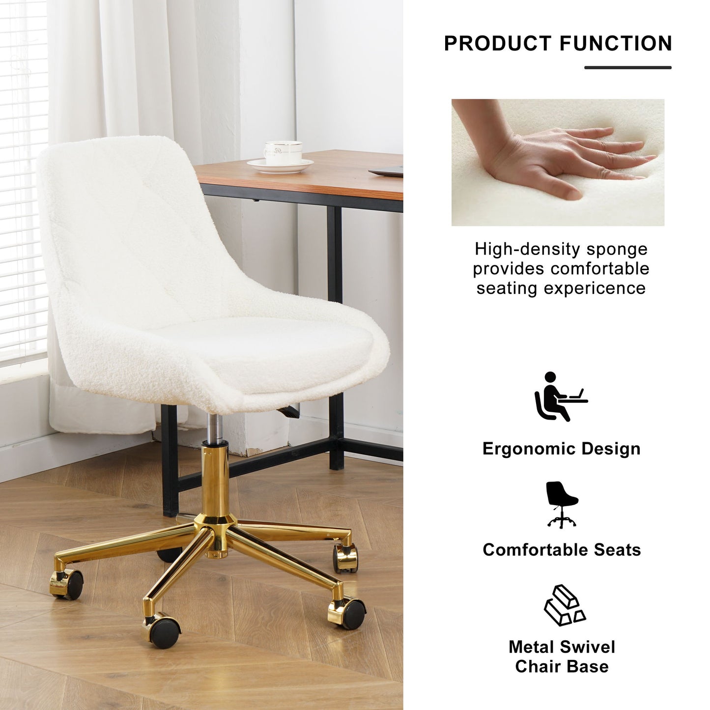 Modern Teddy Fleece Fabric Dining Chair With Gold Legs, Soft And Comfortable, Adjustable, Space Saving - Beige