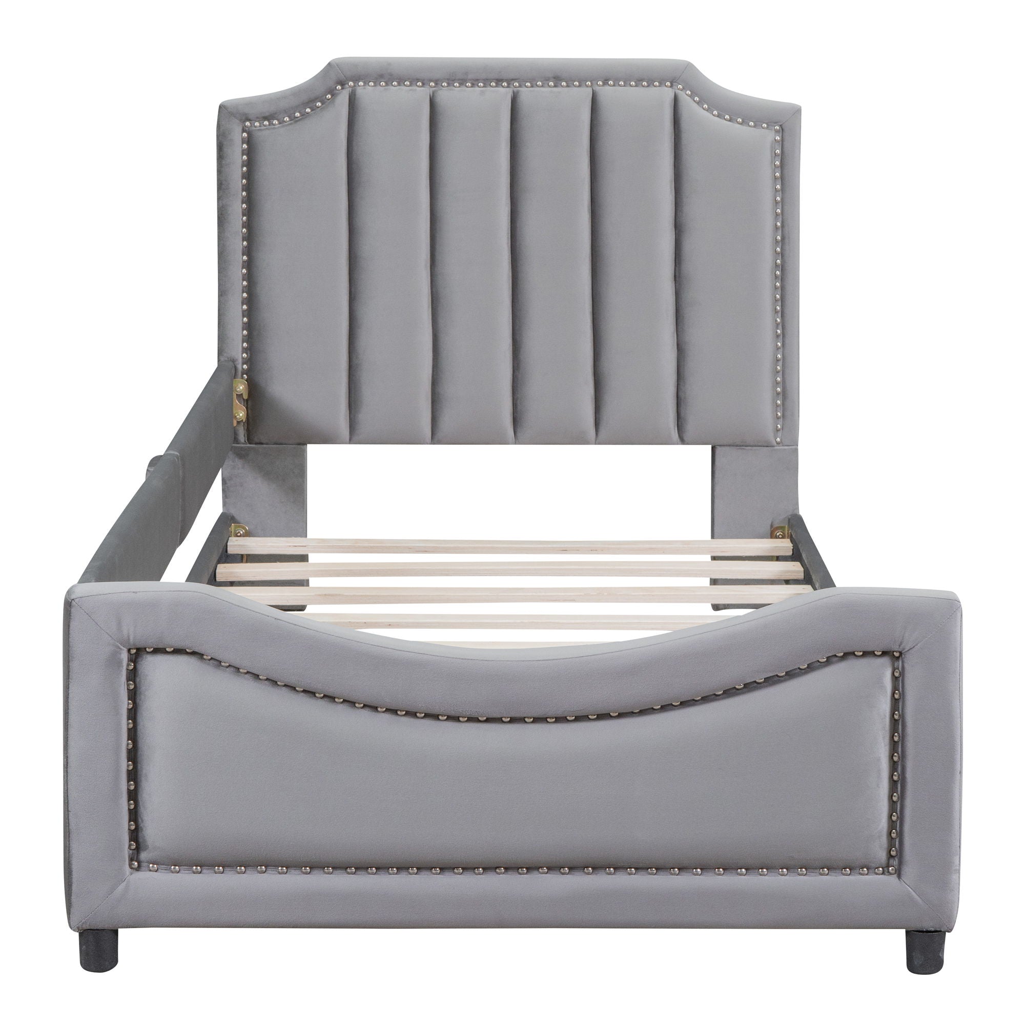 Twin Size Upholstered Daybed With Classic Stripe Shaped Headboard - Gray