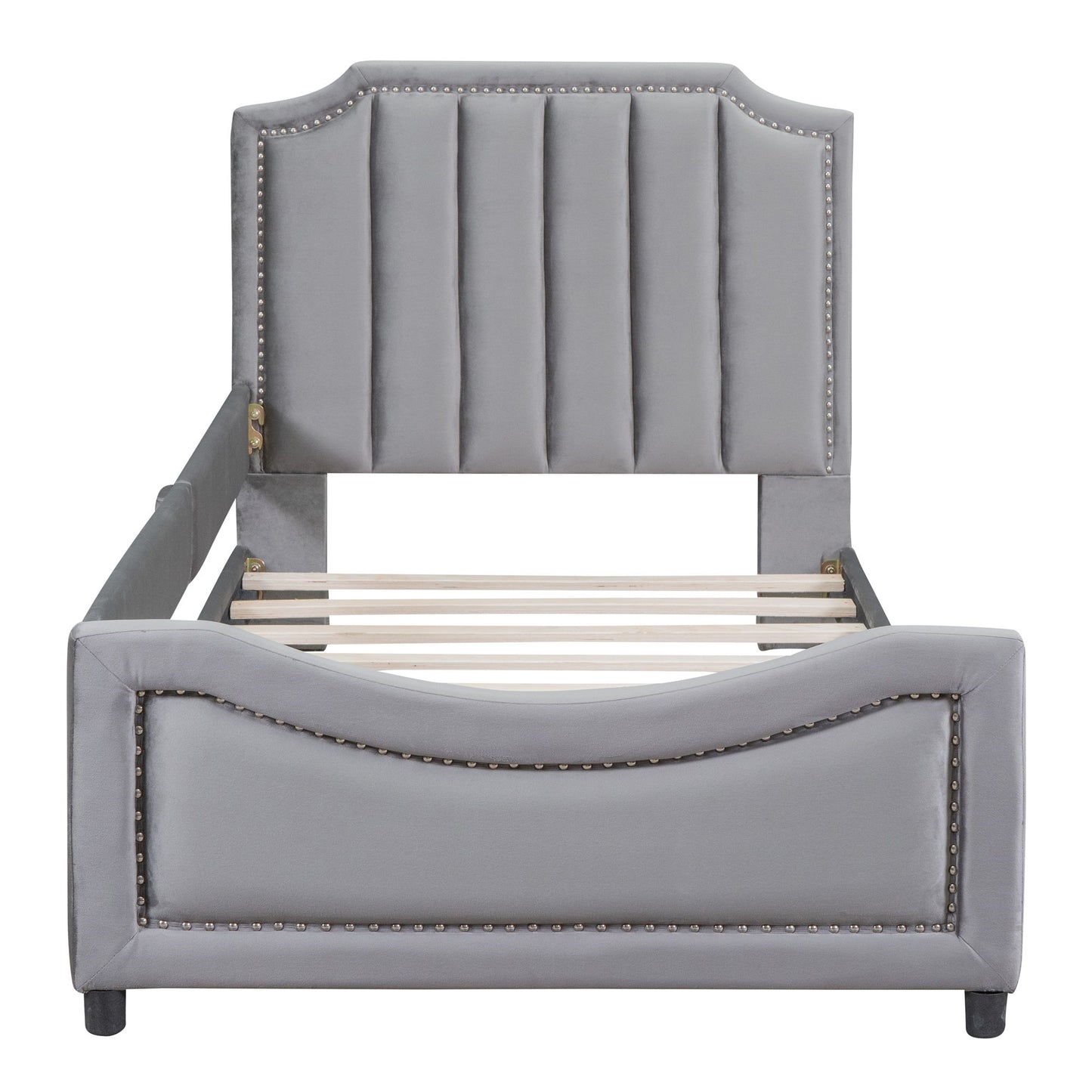 Twin Size Upholstered Daybed With Classic Stripe Shaped Headboard - Gray