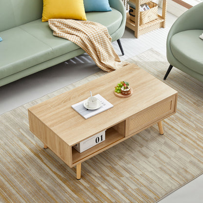 41.34" Rattan Coffee Table, Sliding Door For Storage, Solid Wood Legs, Modern Table For Living Room - Natural