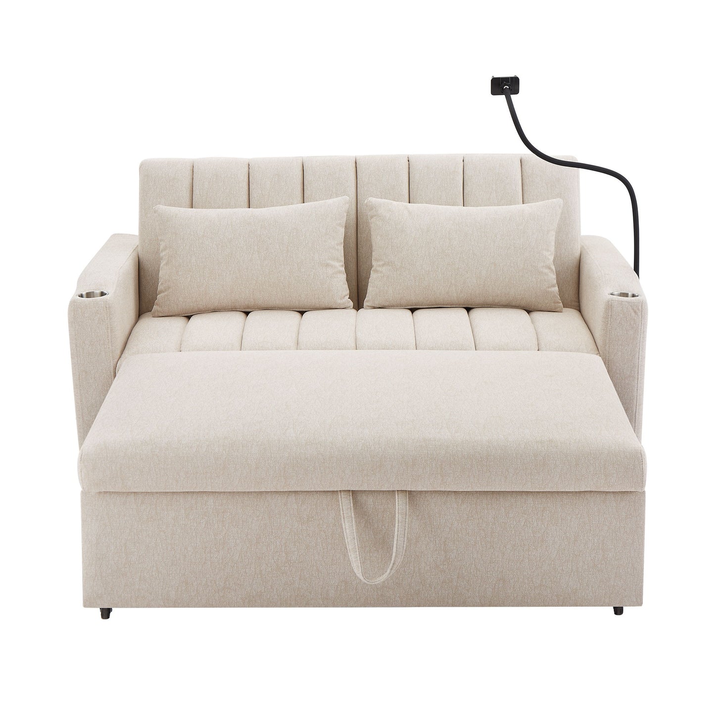 Convertible Sofa Bed Loveseat Sofa With Three USB Ports, Two Side Pockets, Two Cup Holders And 360ÔøΩÔøΩÔøΩÔøΩÔøΩÔøΩÔøΩÔøΩÔøΩÔøΩÔøΩÔøΩÔøΩÔøΩÔøΩÔøΩÔøΩÔøΩÔøΩÔøΩÔøΩÔøΩÔøΩÔøΩÔøΩÔøΩÔøΩÔøΩÔøΩÔøΩÔøΩÔøΩÔøΩ swivel Phone Holder For Living Room - Beige