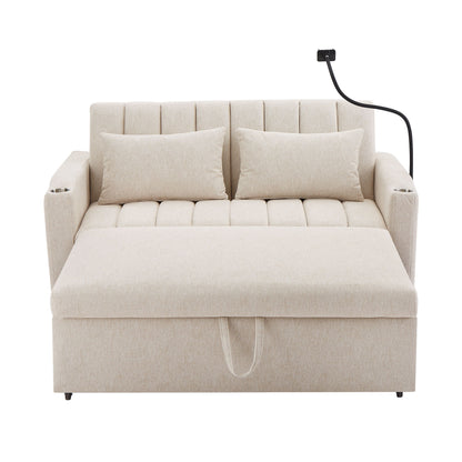 Convertible Sofa Bed Loveseat Sofa With Three USB Ports, Two Side Pockets, Two Cup Holders And 360ÔøΩÔøΩÔøΩÔøΩÔøΩÔøΩÔøΩÔøΩÔøΩÔøΩÔøΩÔøΩÔøΩÔøΩÔøΩÔøΩÔøΩÔøΩÔøΩÔøΩÔøΩÔøΩÔøΩÔøΩÔøΩÔøΩÔøΩÔøΩÔøΩÔøΩÔøΩÔøΩÔøΩ swivel Phone Holder For Living Room - Beige