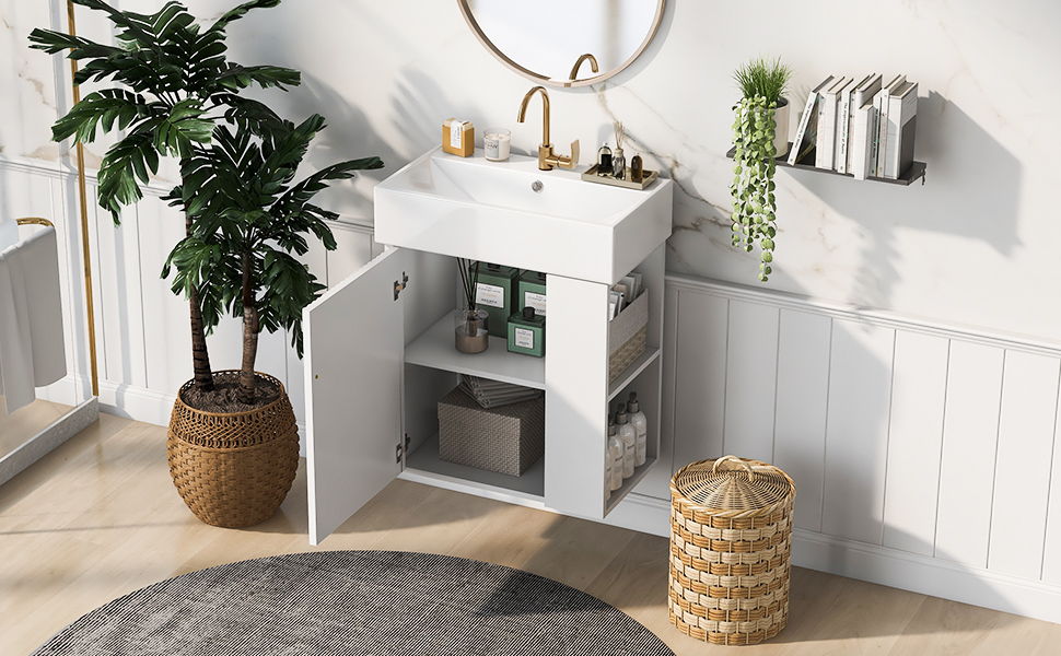 Modern Floating Bathroom Vanity With Ceramic Basin Perfect For Small Bathrooms, Right Side Storage - White