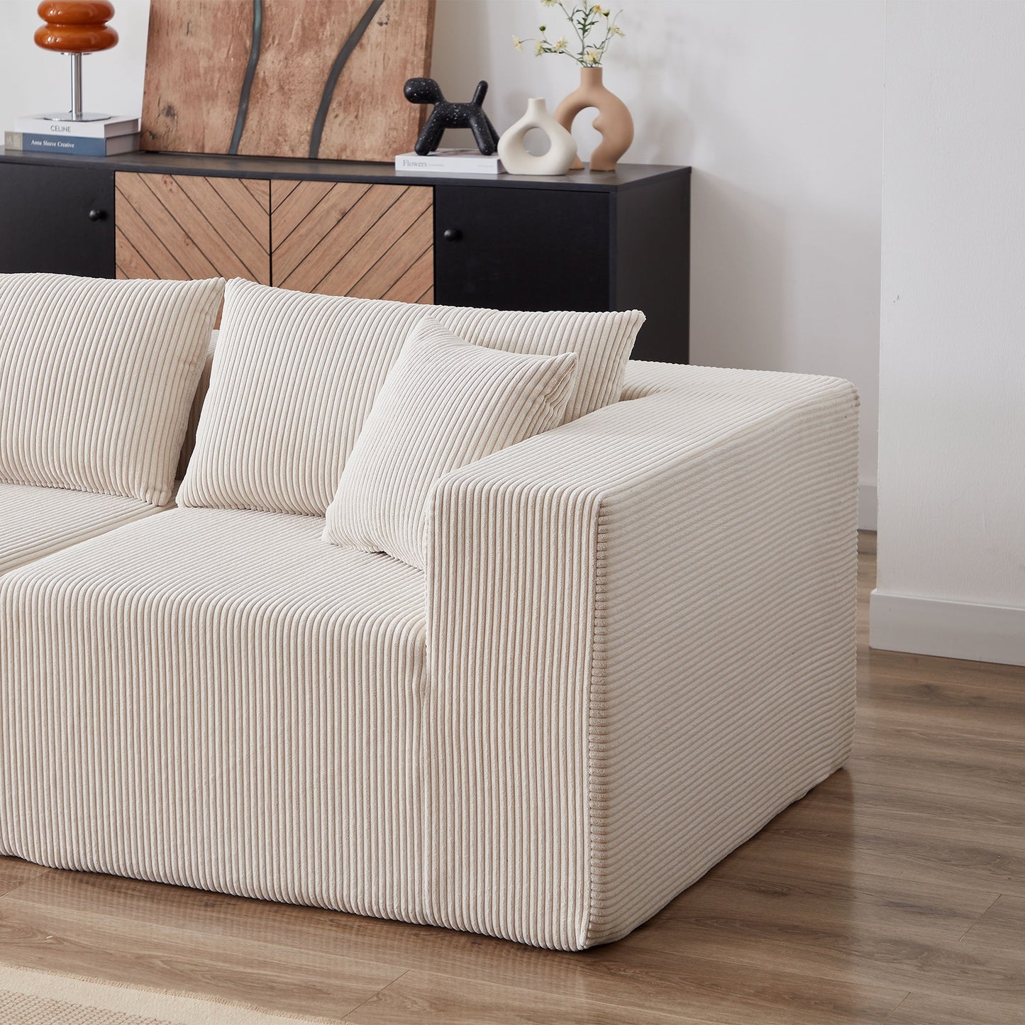 Corduroy Modular L Shaped Sectional Sofa, Luxury Floor Couch Set, 4 Piece Free Combination - Beige