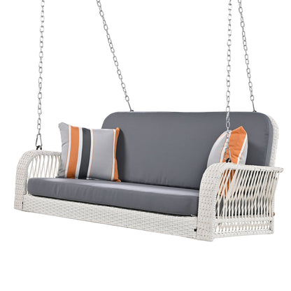 PE Wicker Porch Swing, 2 Seater Hanging Bench With Chains, Patio Furniture Swing For Backyard Garden Poolside - White / Gray