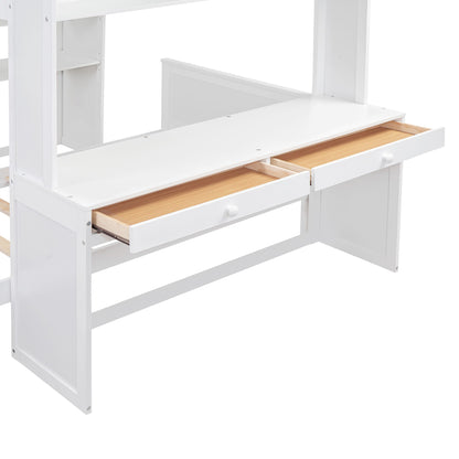 Full Size Loft Bed With A Twin Size Stand Alone Bed, Shelves, Desk, And Wardrobe - White