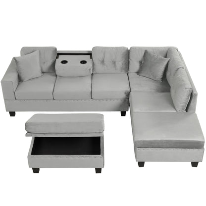 Modern Sectional Sofa With Storage Ottoman, L - Shape Couch With 2 Pillows And Cup Holders - Gray