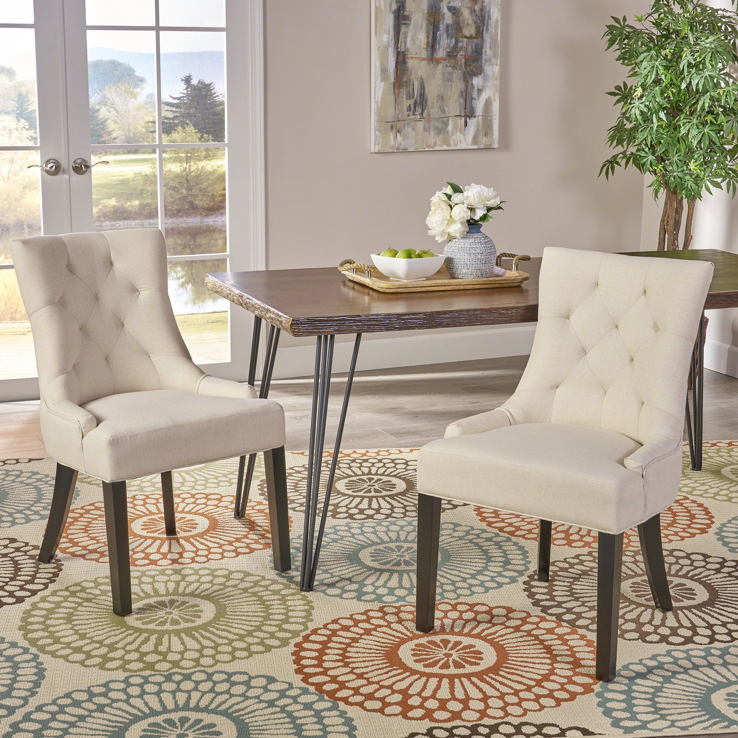 Cheney - Contemporary Dining Chair (Set of 2) Tufted Fabric Upholstery - Beige