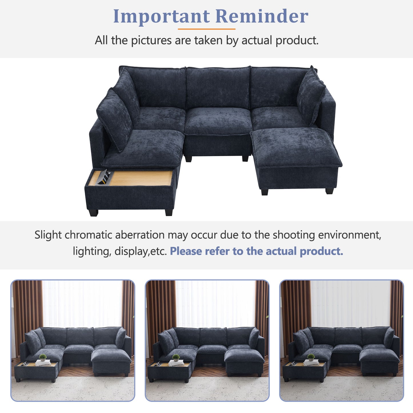 U - Shaped Sectional Sofa Modular Sofa Couch With A Movable Ottoman, A Coffee Table With Hidden Charging Devices For Living Room - Blue