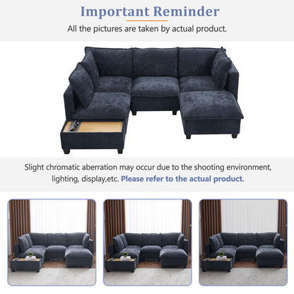 U - Shaped Sectional Sofa Modular Sofa Couch With A Movable Ottoman, A Coffee Table With Hidden Charging Devices For Living Room - Blue