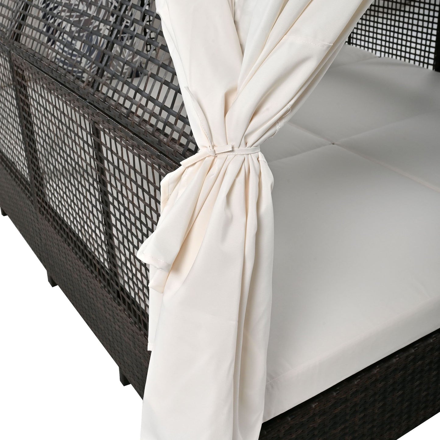 Outdoor Daybed Patio Lounge Bed With Adjustable Backrest Double Sun Lounger With Curtains, 4 Pillows For Garden Patio Poolside Balcony Beach - Cream
