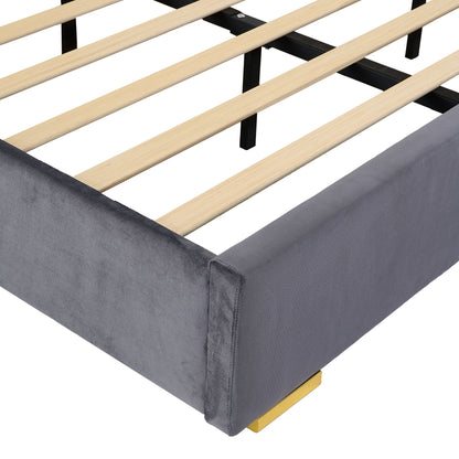 Upholstered Queen Size Bed Frame Of Velvet Tufted Headboard With Floating Nightstand LED / USB Built - Gray