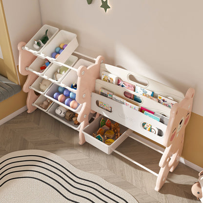 Kids Toy Storage Organizer With 2 Tier Bookshelf And 12 Toy Bins - Pink