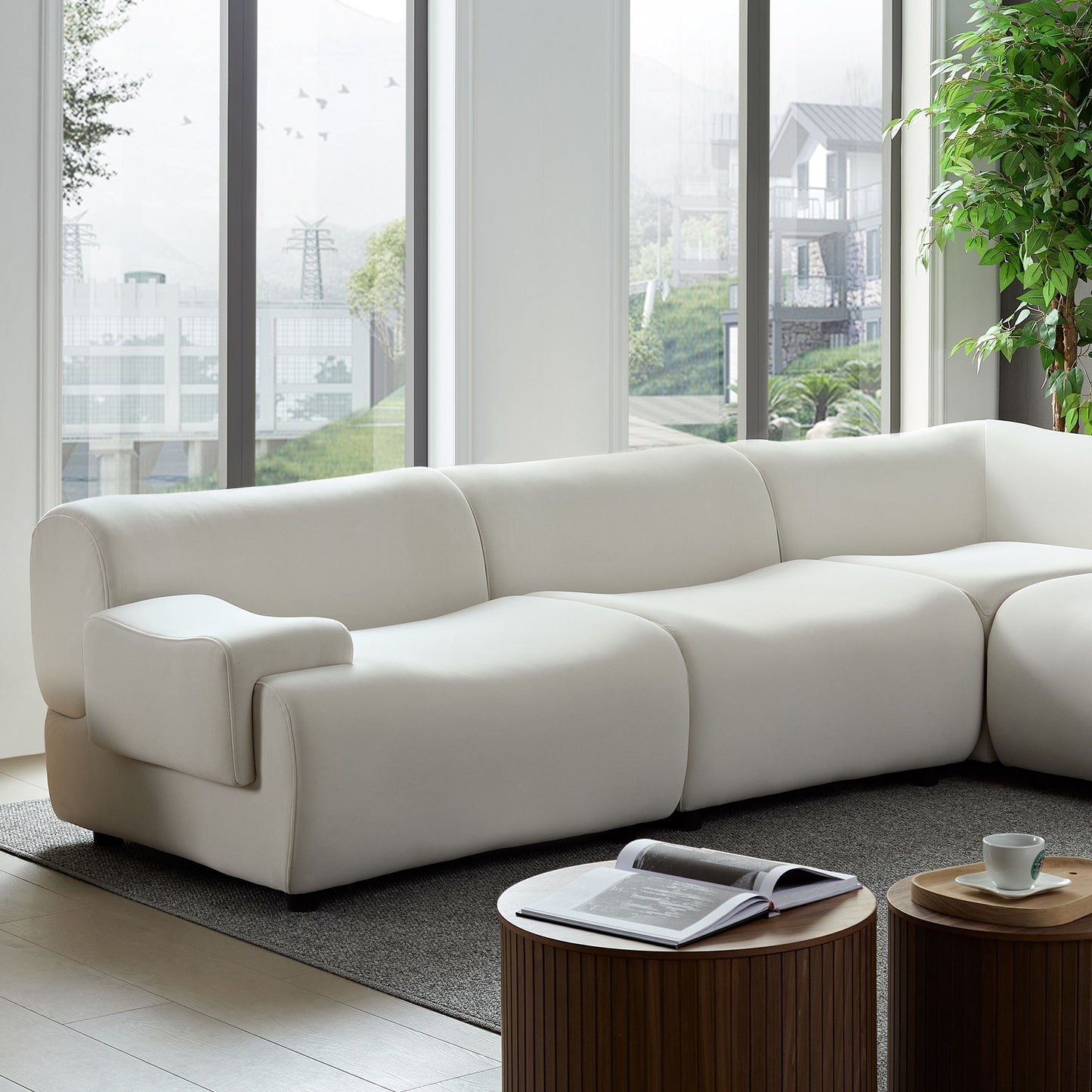 Strong Durable Fabric 4 Seat Sectional Sofa With High Density Sponge And Solid Wood Frame - White