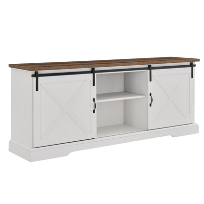 Farmhouse Sliding X Barn Door 70" TV Stand For 80" TVs - Rustic Oak / Brushed White