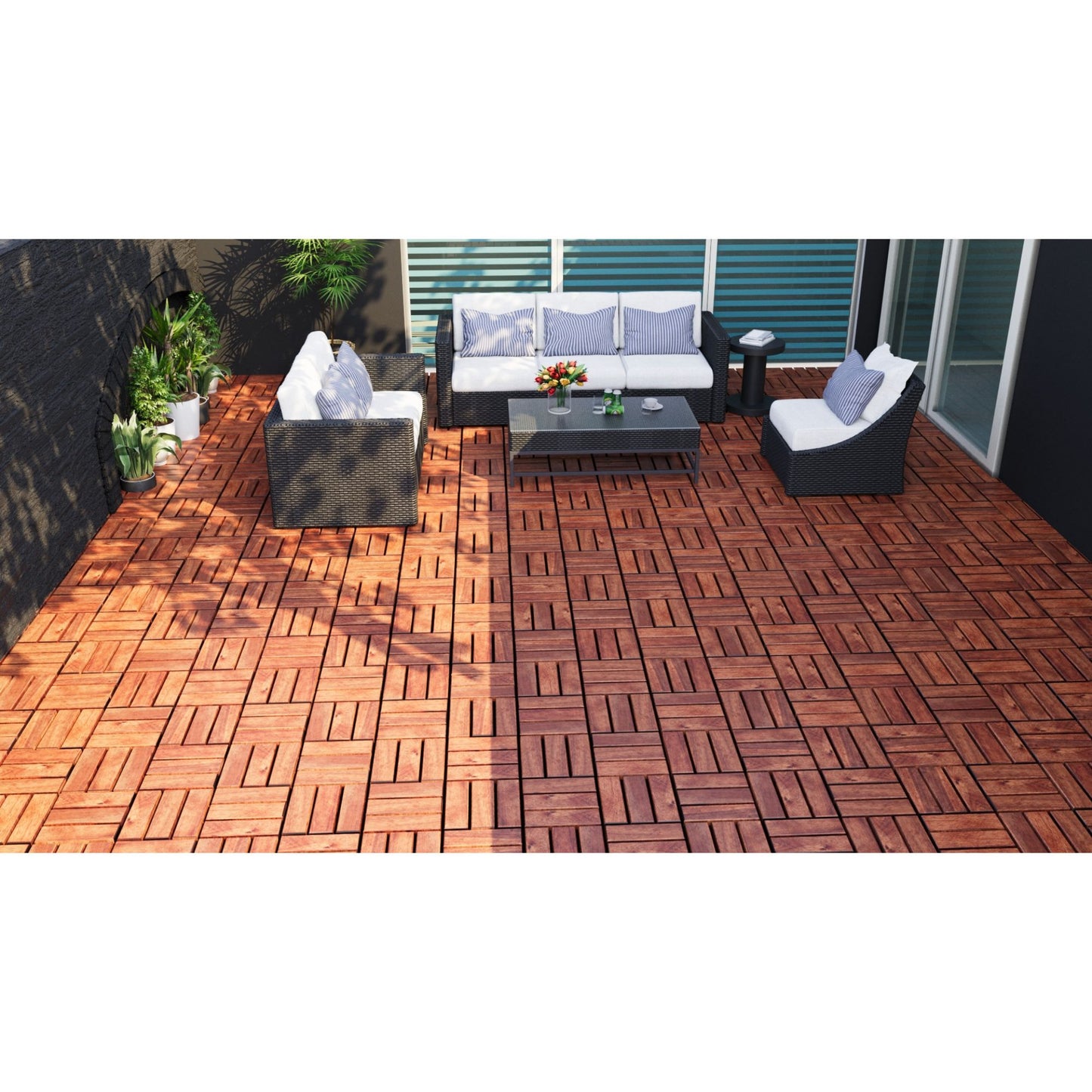 Acacia Wood Interlocking Deck Tiles Checker Pattern, 10 Piece Square Acacia Hardwood Outdoor Flooring For Patio, Bancony, Pool Side - Brown