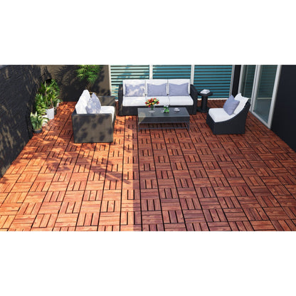 Acacia Wood Interlocking Deck Tiles Checker Pattern, 10 Piece Square Acacia Hardwood Outdoor Flooring For Patio, Bancony, Pool Side - Brown