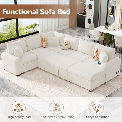 Sectional Sofa Pull-Out Sofa Bed Sleeper With A Storage Ottoman, Three Pillows And Charging Devices For Living Room - Cream