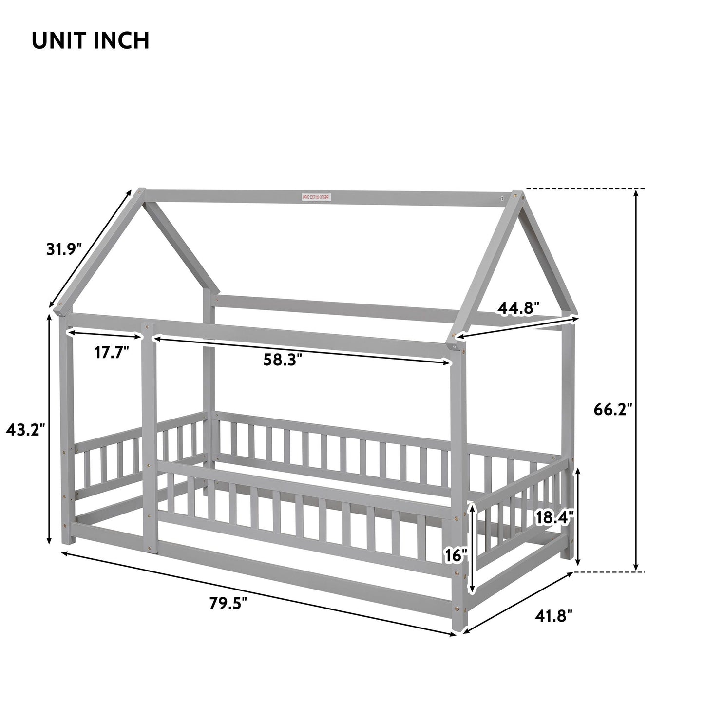 Twin Size Floor Wooden Bed With House Roof Frame, Fence Guardrails - Gray