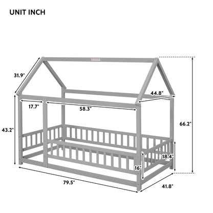 Twin Size Floor Wooden Bed With House Roof Frame, Fence Guardrails - Gray