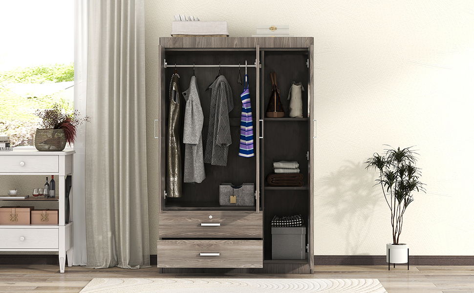 3 Door Wardrobe With 2 Drawers, Grain Effect - Gray