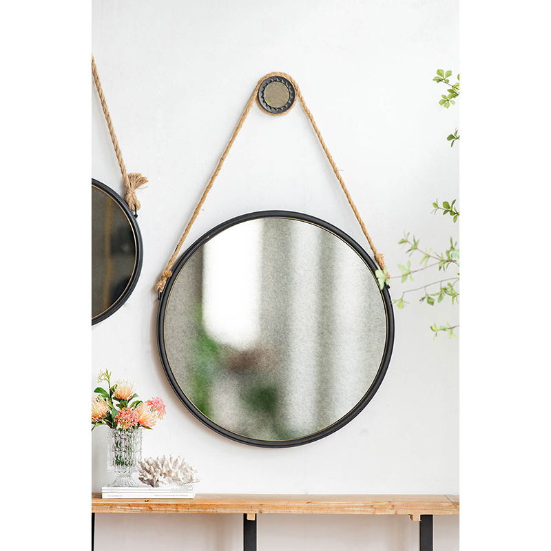 On Trend Hanging Round Mirror With Framed And With Rope Strap Contemporary Industrial Decor For Bathroom - Black