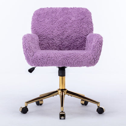 Office Chair, Artificial Rabbit Hair Home Office Chair With Golden Metal Base, Adjustable Desk Chair Swivel Office Chair, Vanity Chair - Violet
