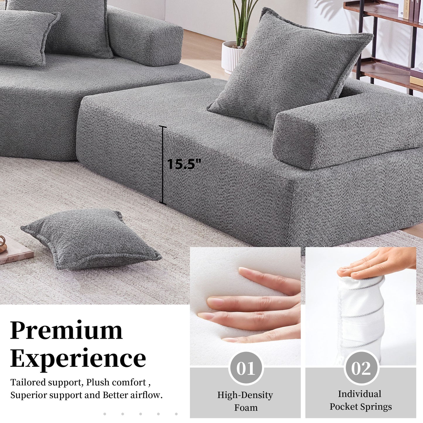 Loveseat Frame For Oversized Modular U Shaped Sectional Floor Couch Convertible Compressed Couch, Spacious Foam Filled Sofa - Gray