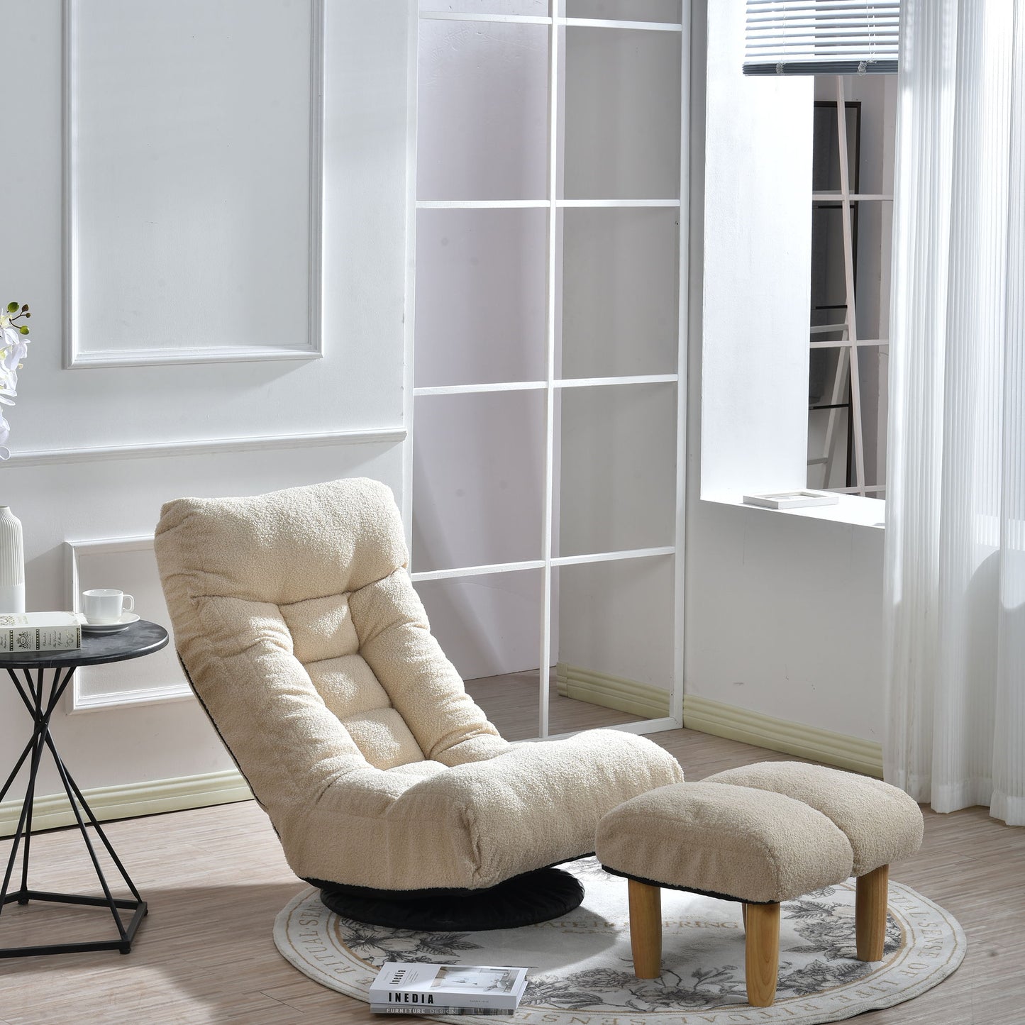 Japanese Style Single Reclining Sofa Chair With Adjustable Features Cotton For Balcony And Leisure - White