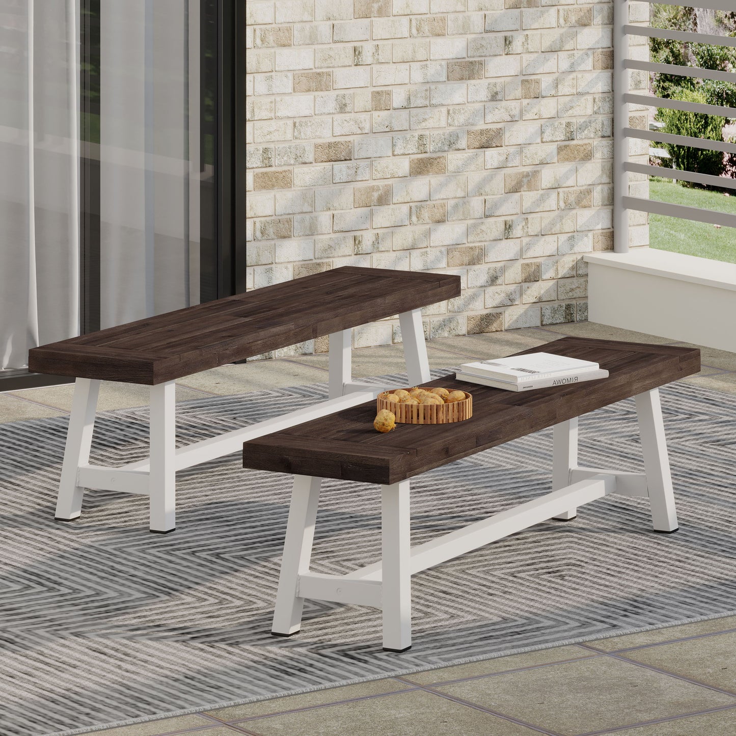 Tranquilizer - Outdoor Bench With Slat Panel Design (Set of 2) - Dark Brown / White