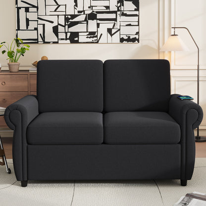 Pull Out Sofa Bed Loveseat Sleeper With Twin Size Memory Mattress With Two USB Ports For Living Room Spaces - Black